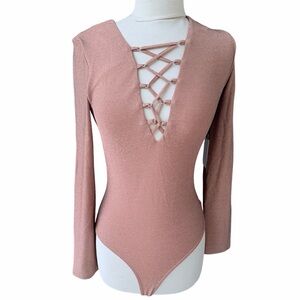 NWT ASTR Lace-Up Metallic Long Sleeve Bodysuit in Pink Shimmer, Medium